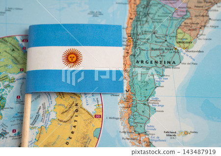 Bangkok, Thailand February 7, 2023, Argentina flag on world map. Bangkok, Thailand February 7, 2023, Argentina flag on world map. 143487919