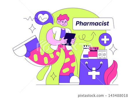 Pharmacist Vector Illustration featuring Healthcare Professional Holding a Tablet, Medicine Bottles, Prescription Drugs, and Pharmacy Services 143488018