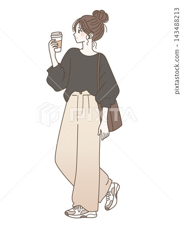 一位時尚女性手捧一杯咖啡漫步的插圖。 一位時尚女性手捧一杯咖啡漫步的插圖。 143488213