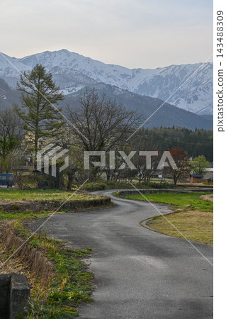 A springtime country road in Hakuba Village, Nagano Prefecture, leading to the snow-capped Northern Alps [Nagano Hakuba Landscape Photography] 143488309
