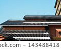 Snow remains in streaks on the black tiled roof against a blue sky. 143488418