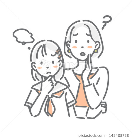 一位問題少女和她的母親:時尚且平易近人的線條藝術插圖。 一位問題少女和她的母親:時尚且平易近人的線條藝術插圖。 143488728