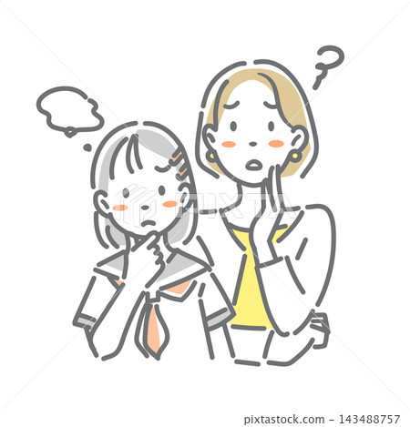 一位問題少女和她的母親:時尚且平易近人的線條藝術插圖。 一位問題少女和她的母親:時尚且平易近人的線條藝術插圖。 143488757