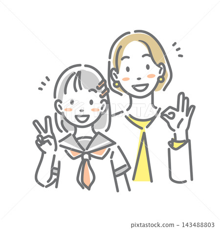 一幅風格時尚、平易近人的線條插畫,描繪了一位微笑的女孩和她的母親。 一幅風格時尚、平易近人的線條插畫,描繪了一位微笑的女孩和她的母親。 143488803