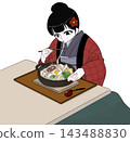 A woman in a traditional Japanese winter jacket eats nabeyaki udon at a winter dinner table. 143488830