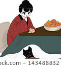 A woman in a padded jacket eating tangerines under a heated table (kotatsu) with a sleeping cat – a glimpse into winter life. 143488832