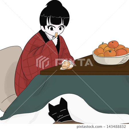 A woman in a padded jacket eating tangerines under a heated table (kotatsu) with a sleeping cat – a glimpse into winter life. A woman in a padded jacket eating tangerines under a heated table (kotatsu) with a sleeping cat – a glimpse into winter life. 143488832