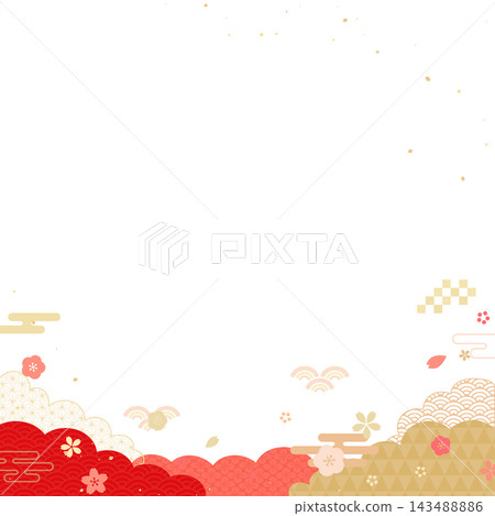 日式透明相框 1_square,飾以紅色雲朵和花朵 日式透明相框 1_square,飾以紅色雲朵和花朵 143488886