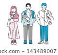 向量圖描繪了男女大學生手持教科書等的場景。 143489007