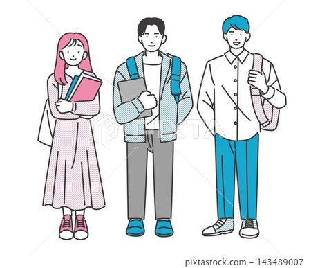 Vector illustration of male and female university students holding textbooks, etc. 143489007