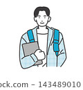 大學生手持平板電腦的向量插圖。 143489010