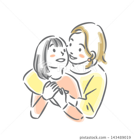 一位母親擁抱著她十幾歲的女兒;柔和的水彩風格線條畫插圖。 一位母親擁抱著她十幾歲的女兒;柔和的水彩風格線條畫插圖。 143489019