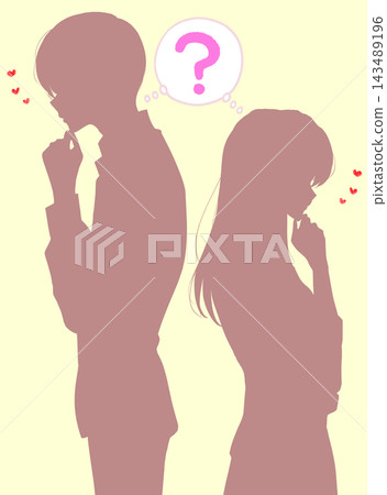 A man and a woman with doubts stand back to back, their silhouettes together, in love. A man and a woman with doubts stand back to back, their silhouettes together, in love. 143489196