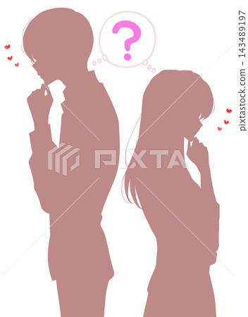 A man and a woman with doubts stand back to back, their silhouettes together, in love. A man and a woman with doubts stand back to back, their silhouettes together, in love. 143489197