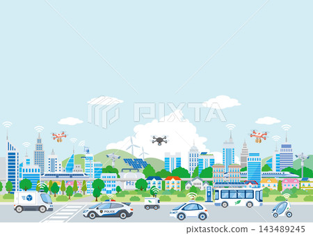 A vector illustration of a future smart city powered by renewable energy and eco-mobility, with environmental infrastructure as a background. A vector illustration of a future smart city powered by renewable energy and eco-mobility, with environmental infrastructure as a background. 143489245