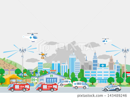 A background illustration depicting a disaster prevention and medical cityscape with fire trucks, ambulances, and other disaster relief vehicles. A background illustration depicting a disaster prevention and medical cityscape with fire trucks, ambulances, and other disaster relief vehicles. 143489246