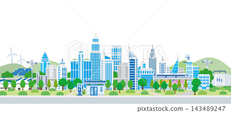 A vector illustration of a future smart city utilizing renewable energy, featuring environmental infrastructure and an eco-friendly cityscape. 143489247