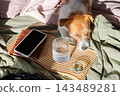 Daily vitamins and supplements with glass of water on wooden tray in cozy bedroom. 143489281