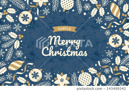A Christmas frame featuring hand-painted style Christmas ornaments and holly and fir trees. 143489342