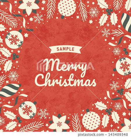A Christmas frame featuring hand-painted style Christmas ornaments and holly and fir trees. A Christmas frame featuring hand-painted style Christmas ornaments and holly and fir trees. 143489348