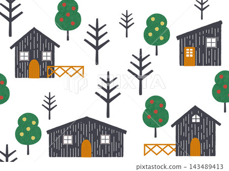 Nordic illustration: Log cabin in the forest Nordic illustration: Log cabin in the forest 143489413