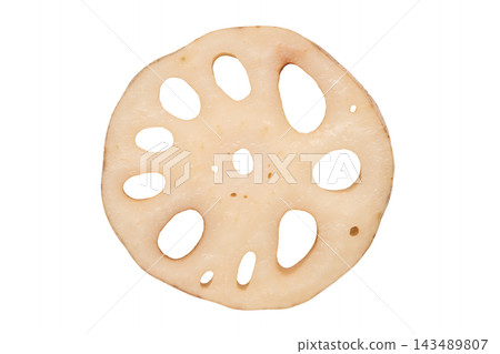 Transparent background image of sliced lotus root with visible holes. 143489807