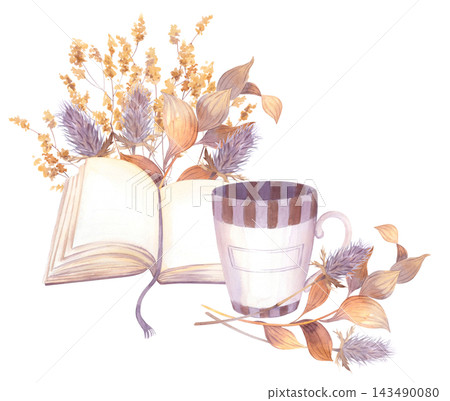 Open book with blank pages beside striped ceramic mug and dried wildflower bouquet in muted watercolor still life composition with warm beige and lavender tones Open book with blank pages beside striped ceramic mug and dried wildflower bouquet in muted watercolor still life composition with warm beige and lavender tones 143490080