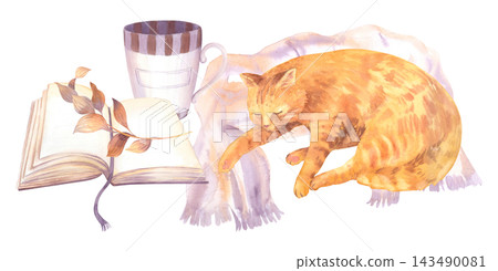 Watercolor illustration of orange tabby cat sleeping on fringed blanket beside open book with dried leaf bookmark and striped mug for cozy home lifestyle image. Watercolor illustration 143490081