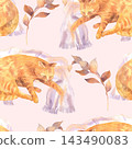 Watercolor ginger cat pattern with sleeping and stretching figures on pastel blankets and decorative leaves for cozy textile and surface design purposes handpainted seamless composition 143490083