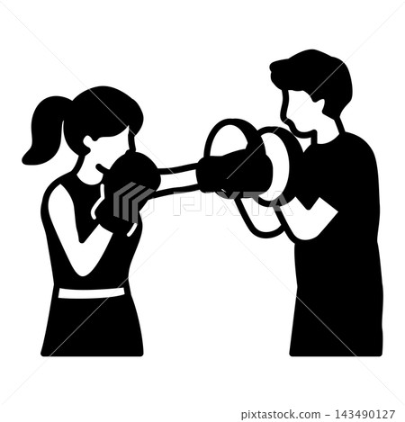 Pictogram for kickboxing fitness: Woman hitting mitts Pictogram for kickboxing fitness: Woman hitting mitts 143490127