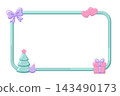 Cute pastel christmas frame banner vector illustration with christmas tree, gift box, purple ribbon bow, pink hearts, and bauble ornament, festive holiday blank border for invitation cards and greetin 143490173