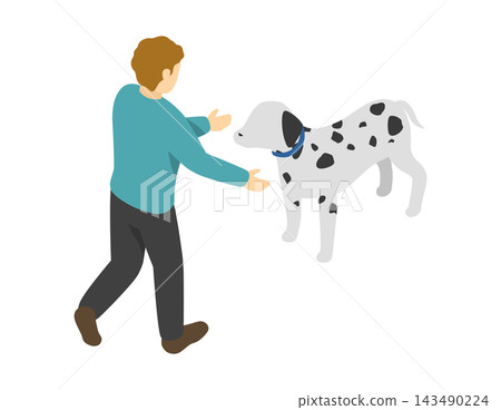 等距插圖：一名男子正在和一隻達爾馬提亞犬玩耍 143490224