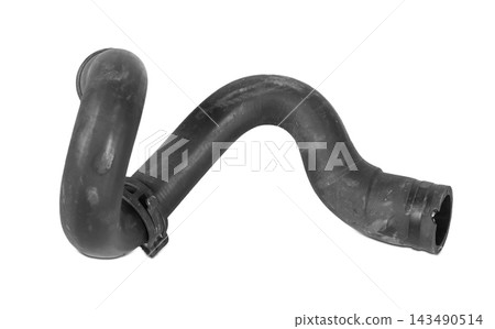 Black plastic hose of the car engine cooling system on a white isolated background in a photo studio for replacement during repair or for a catalog of spare parts for sale on auto disassembly 143490514
