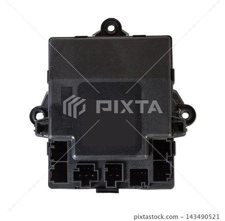 A part with a connector from a car on a white isolated background is a plastic electronic control unit for replacement and repair. Spare parts catalog for sale A part with a connector from a car on a white isolated background is a plastic electronic control unit for replacement and repair. Spare parts catalog for sale 143490521