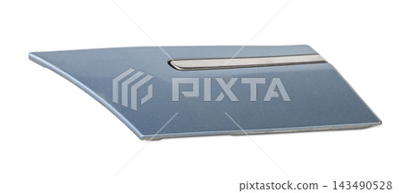 Blue plastic molding with chrome for car side fender - tuning element for sale in a car service on a white isolated background in a photo studio Blue plastic molding with chrome for car side fender - tuning element for sale in a car service on a white isolated background in a photo studio 143490528