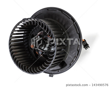 Heater fan - spare part and element of car air conditioning system on white isolated background. Auto service industry. Spare parts catalog Heater fan - spare part and element of car air conditioning system on white isolated background. Auto service industry. Spare parts catalog 143490576