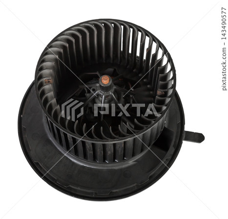 Heater fan - spare part and element of car air conditioning system on white isolated background. Auto service industry. Spare parts catalog 143490577