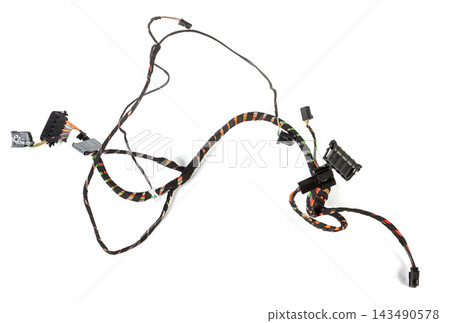 A cable of matted wires of different colors with connectors in the electrical wiring of the car. Internet line in the work of the provider A cable of matted wires of different colors with connectors in the electrical wiring of the car. Internet line in the work of the provider 143490578