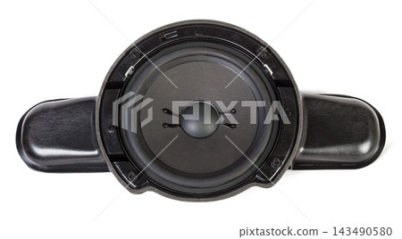 Large audio speaker subwoofer for low-frequency music in a car on a white background. Hard bass sound Large audio speaker subwoofer for low-frequency music in a car on a white background. Hard bass sound 143490580