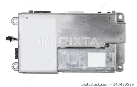 Metal car engine control unit with metal elements on a white isolated background is the connecting center of various subsystems, units and assemblies. Monitoring the state of the moment. Spare part. Metal car engine control unit with metal elements on a white isolated background is the connecting center of various subsystems, units and assemblies. Monitoring the state of the moment. Spare part. 143490589