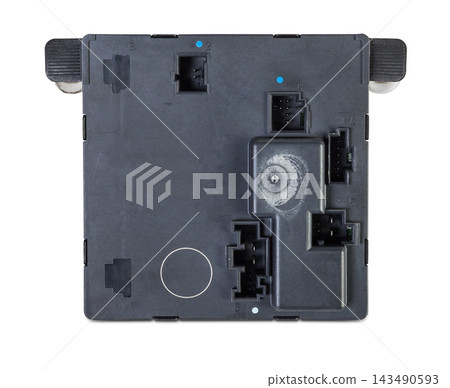 Plastic car engine control unit with metal elements on a white isolated background is the connecting center of various subsystems, units and assemblies. Monitoring the state of the moment. Spare part. Plastic car engine control unit with metal elements on a white isolated background is the connecting center of various subsystems, units and assemblies. Monitoring the state of the moment. Spare part. 143490593