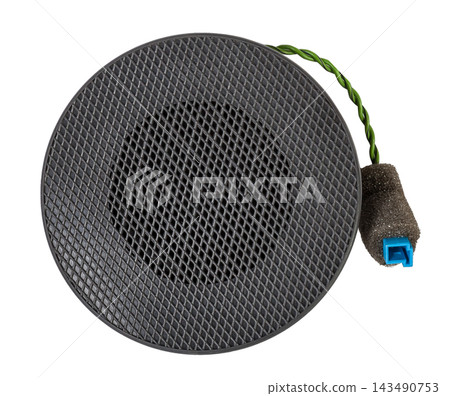 Speaker of an acoustic system an audio for playing music in a car interior on a white isolated background in a photo studio. Spare parts for auto repair in a workshop or for sale for tuning. Speaker of an acoustic system an audio for playing music in a car interior on a white isolated background in a photo studio. Spare parts for auto repair in a workshop or for sale for tuning. 143490753
