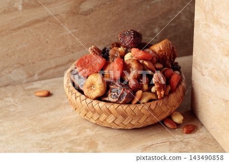 Mix of dried fruits and nuts. 143490858