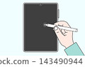 An illustration of a hand operating a vertically oriented tablet screen with a stylus. 143490944