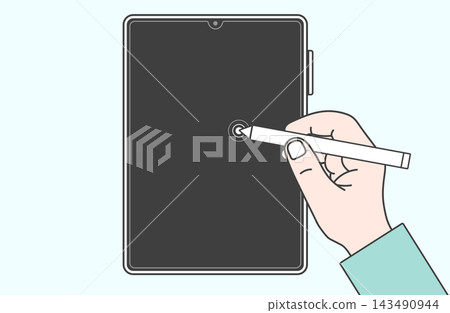 一手用觸控筆操作垂直螢幕平板電腦的插圖。 143490944