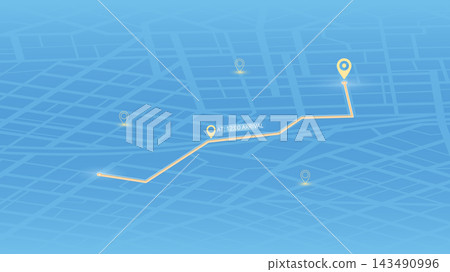 An abstract navigation plan highlights POI including city streets, blocks. City map featuring directional signs, an intended goal point and multiple markers. Editable vector illustration 143490996