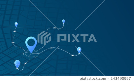 Multiple markers. An abstract navigation plan highlights POI including city streets, blocks. Editable vector illustration Multiple markers. An abstract navigation plan highlights POI including city streets, blocks. Editable vector illustration 143490997