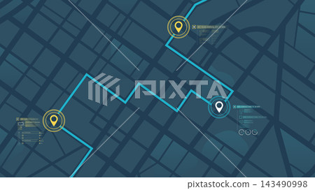Planned route across the entire map with marked destinations and estimated arrival times. Simple city scheme with convenient labels. Editable vector illustration Planned route across the entire map with marked destinations and estimated arrival times. Simple city scheme with convenient labels. Editable vector illustration 143490998