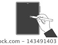 Illustration 2 of a hand operating a vertically oriented tablet screen with a stylus. 143491403