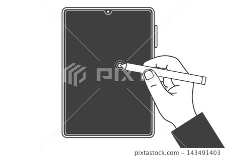 Illustration 2 of a hand operating a vertically oriented tablet screen with a stylus. Illustration 2 of a hand operating a vertically oriented tablet screen with a stylus. 143491403